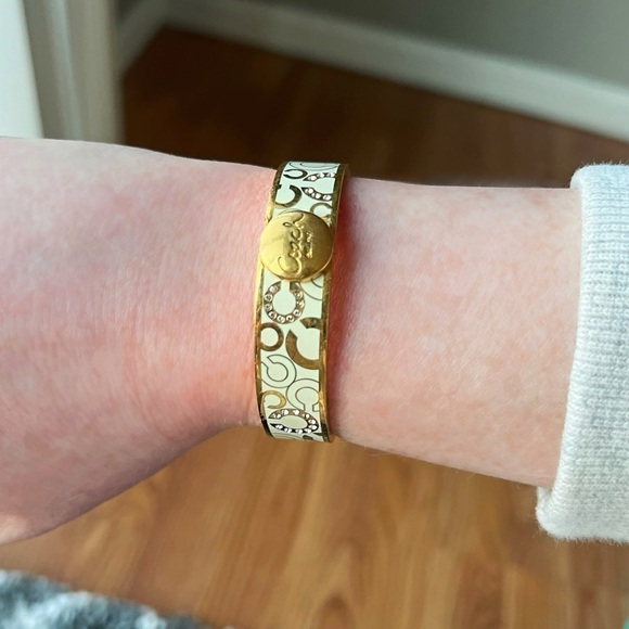 Authentic Coach White Enamel Gold-Tone “C” Bangle Bracelet with Crystals - Picture 7 of 7